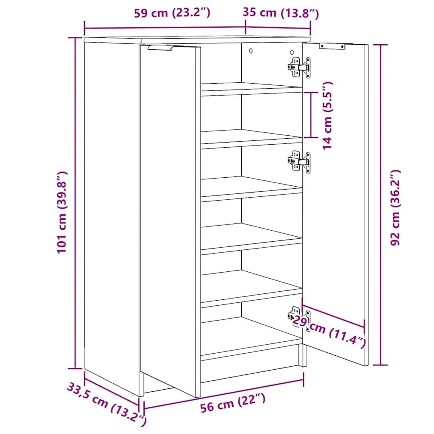 vidaXL Schuhschrank, Grau Sonoma, 59x35x100 cm, Holzwerkstoff mit Fächern und offener Tür.