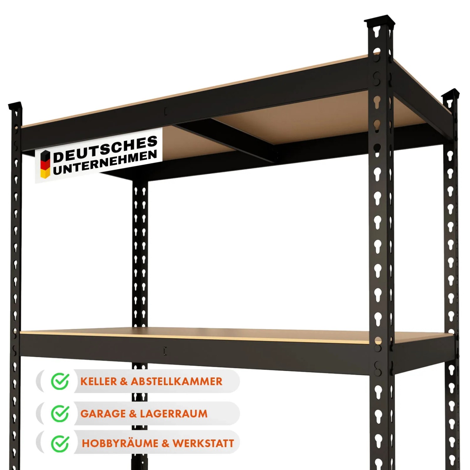 Schwarzes KARAT Schwerlastregal Rhino mit MDF-Böden, ideal für Werkstatt, Garage und Lager.