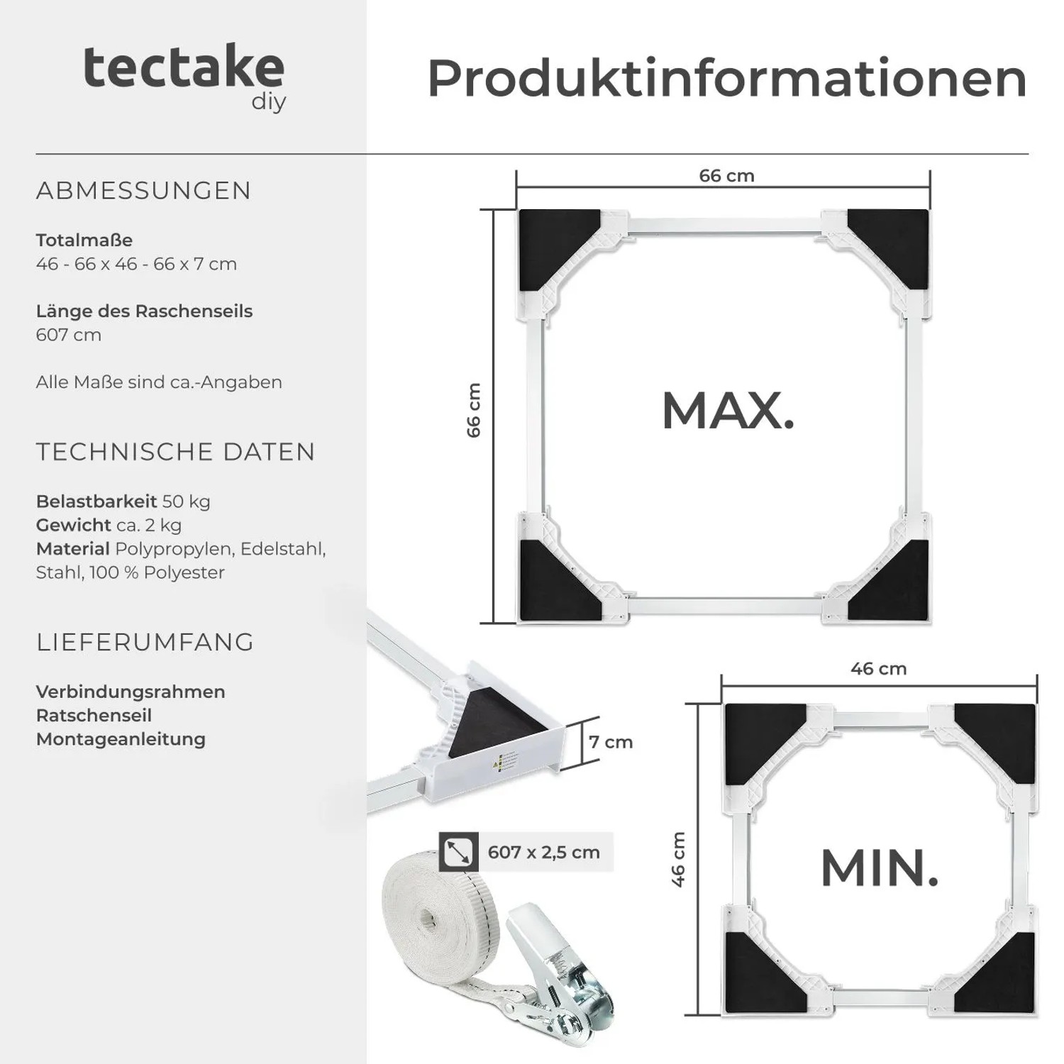 Tectake Verbindungsrahmen Parret für Waschmaschine und Trockner, Größenverstellbar, Silber.