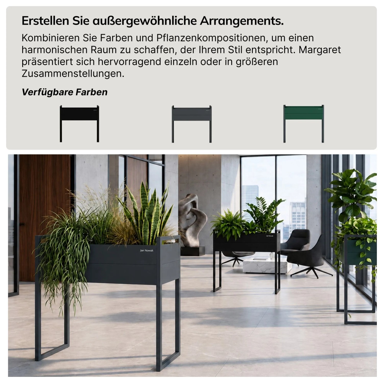 Hoher Anthrazit Metall-Blumenkasten MARGARET H mit Pflanzen im modernen Raum. Auch in Schwarz & Grün.