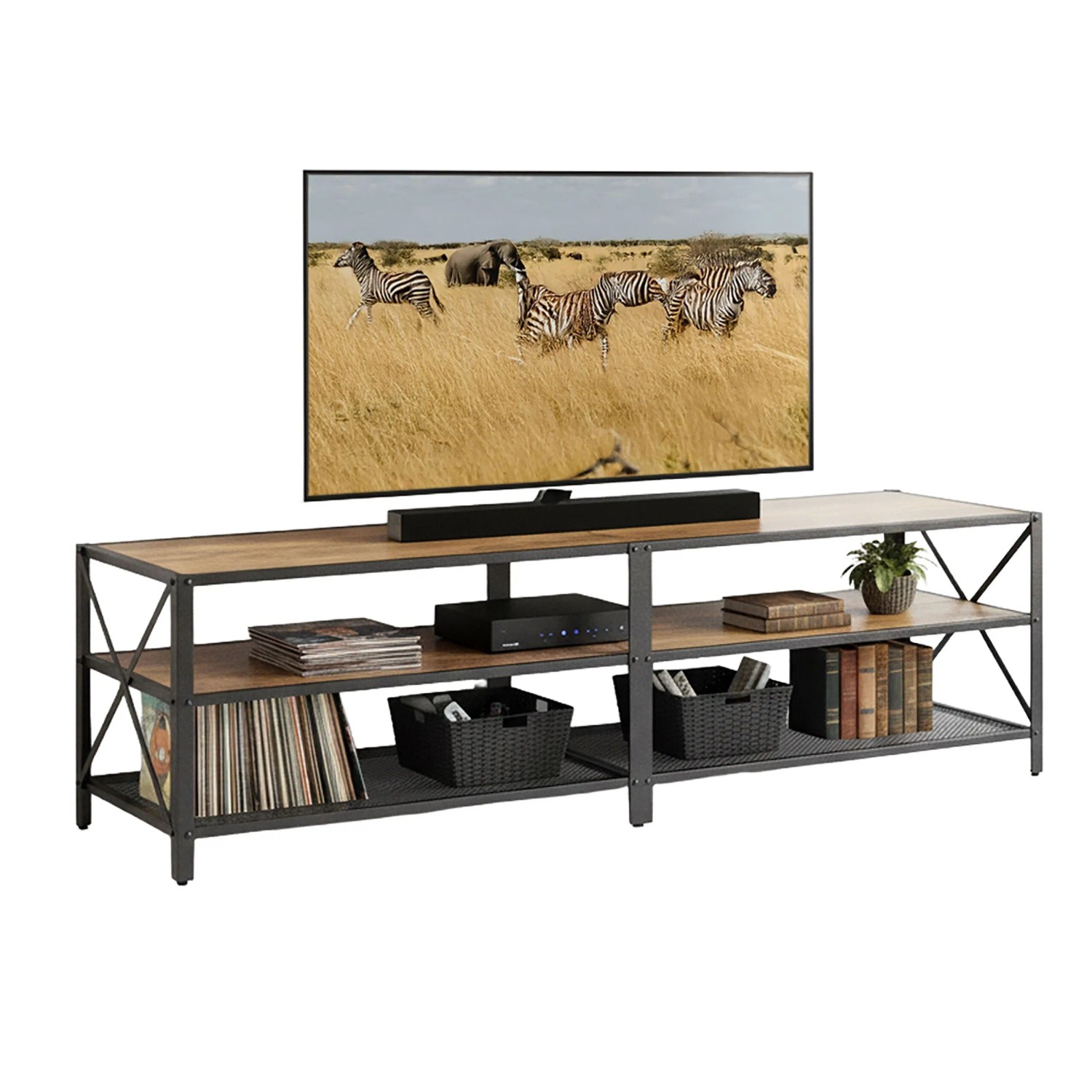 Relaxdays TV Lowboard Holzwerkstoff Stahl Braun Schwarz 4 Fächer Rutschfest 52 cm x 180 cm x 39 cm 21,9 kg