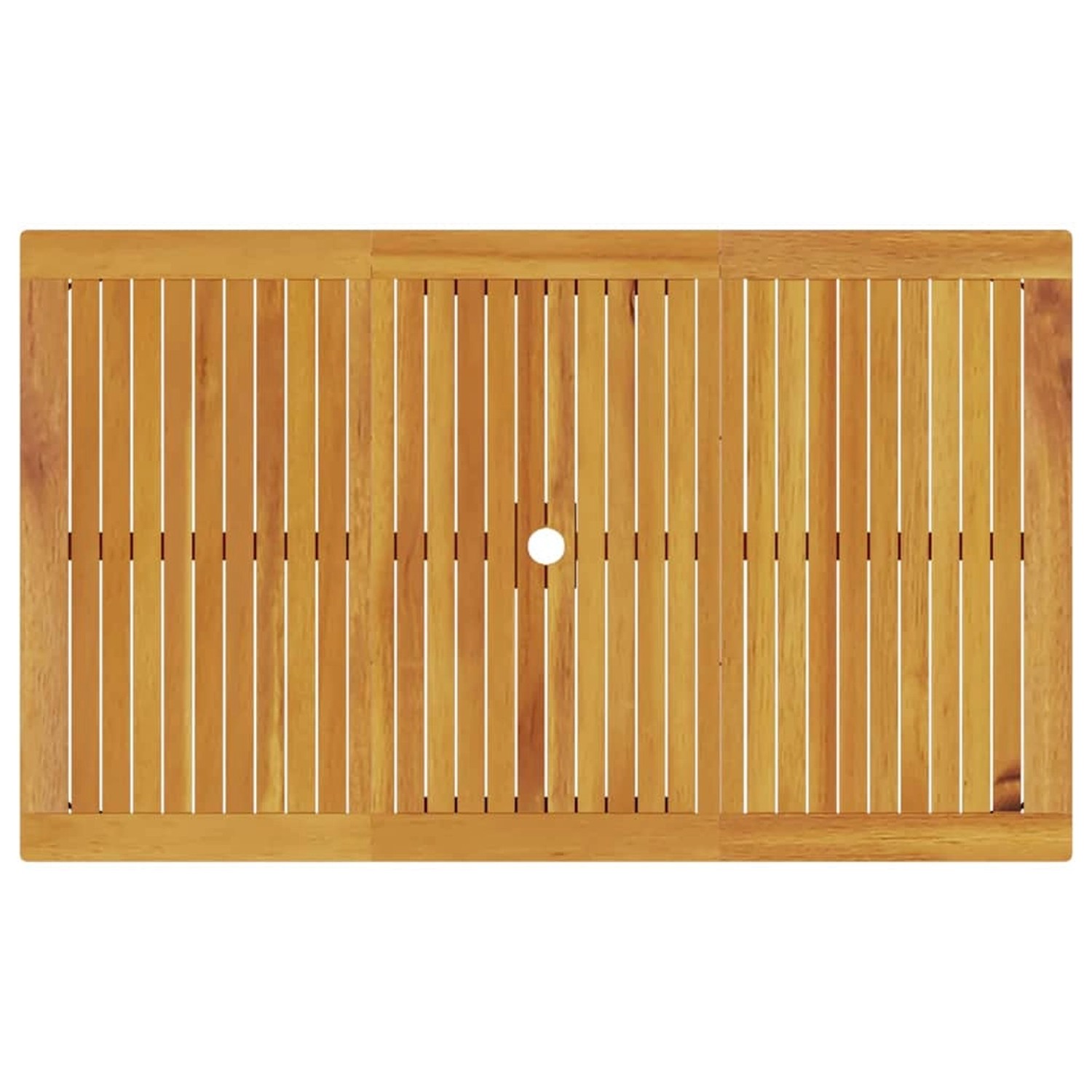 Tischplatte des vidaXL Garten-Essgruppe aus Akazienholz, rechteckig mit Loch in der Mitte.