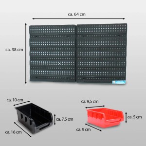 TRUTZHOLM Stapelboxen mit Wandregal, 32-teilig, rot/schwarz. Kleinteilemagazin für Lochwand.