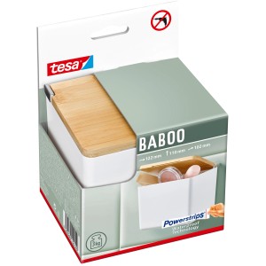 Verpackung der Tesa Baboo Aufbewahrungsbox Small in Weiß mit Bambusdeckel.