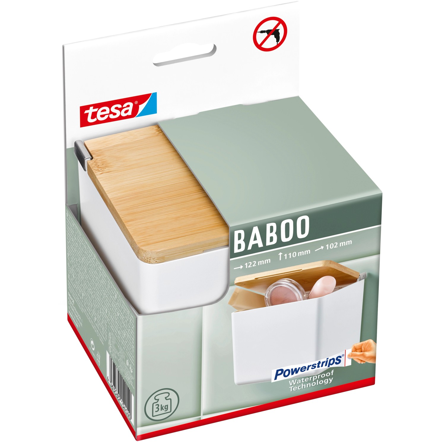 Verpackung der Tesa Baboo Aufbewahrungsbox Small in Weiß mit Bambusdeckel.