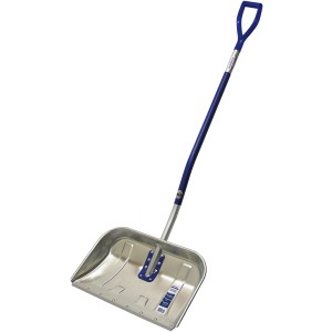 SONNECK Schneeschieber Alu-Pro mit Stiel, silberne Schaufel und blauer Griff.