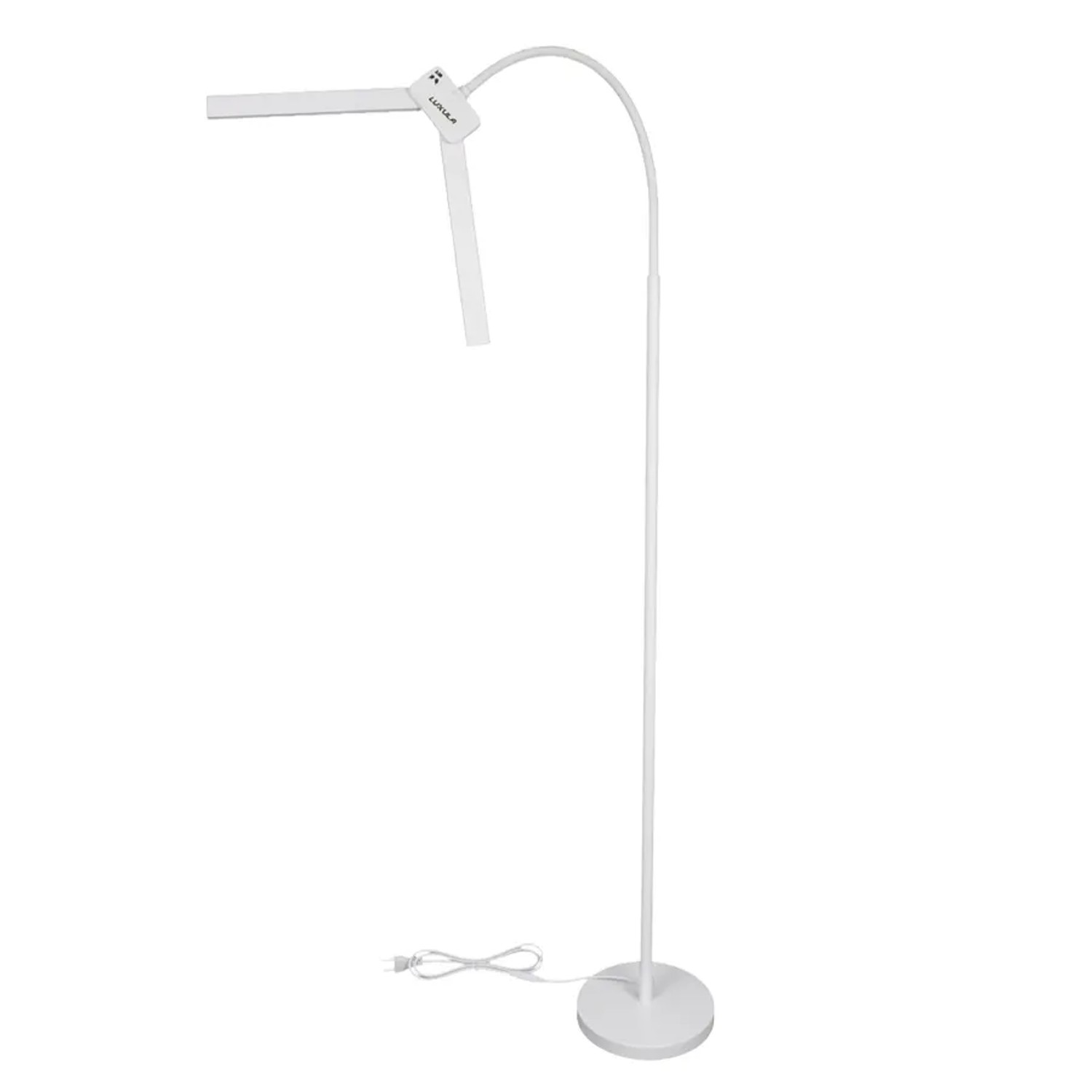 Weiße LUXULA LED Stehlampe mit Doppelkopf für Schreibtisch oder Arbeitsplatz.