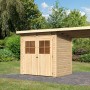 Unbehandeltes Karibu Holz-Gartenhaus Egersund mit Pultdach und Anbau im Garten.