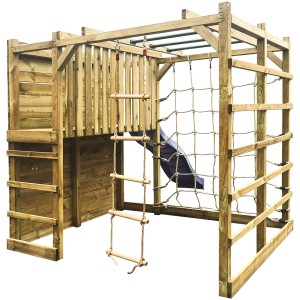 Spielturm Cubic Sigma aus FSC®-Kiefernholz mit Rutsche, Kletterwand und Seilwand für Kinder.