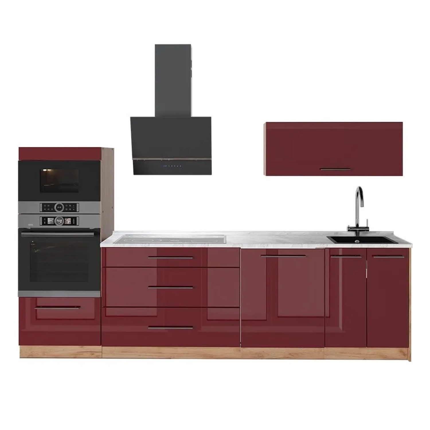 Vicco Küchenzeile Fame-Line Bordeaux Hochglanz/Goldkraft Eiche 280 x 154 AP Marmor Art Nr 64697