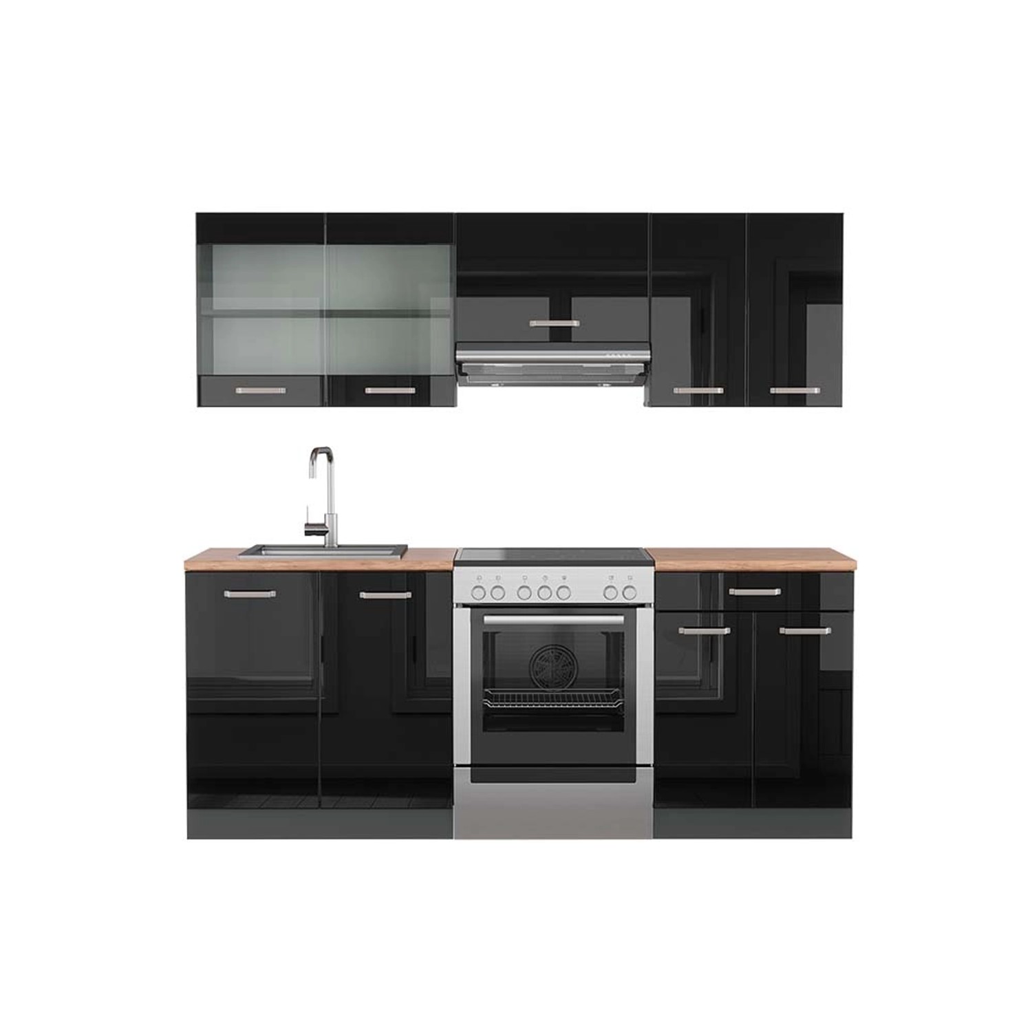 Vicco R-Line Küchenzeile Schwarz Hochglanz/Anthrazit 200 cm AP Eiche
