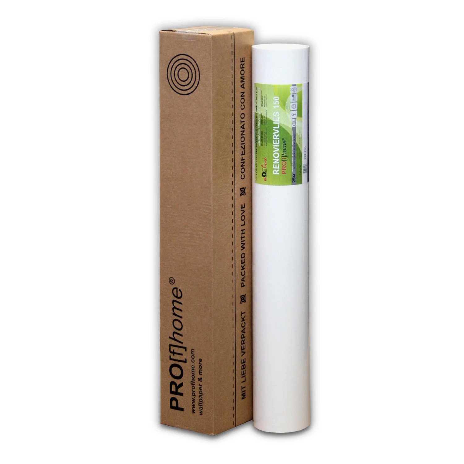 PROFHOME Malervlies 150g, 25m Rolle neben Kartonverpackung.