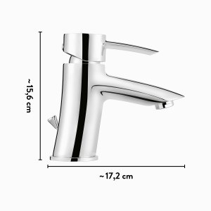baliv Waschtischarmatur WT-5120 Chrom, Einhebelmischer mit Exzenter-Ablaufgarnitur und Maßangaben.