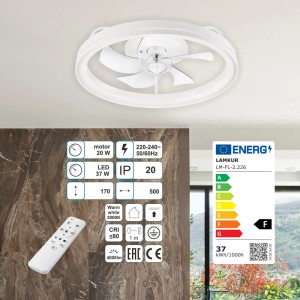 Weiße Lamkur LED-Deckenleuchte Fargo mit Ventilator, Ø 50cm. Dimmbar mit Fernbedienung.