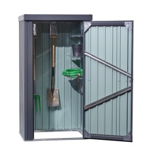 Floraworld Metall-Gerätehaus in Anthrazit, 0,75 m², mit geöffneter Tür und Gartengeräten.