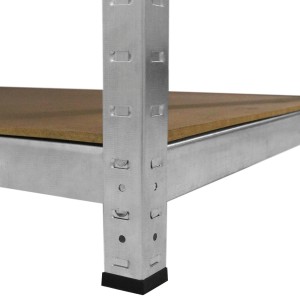 Detailansicht einer Monstershop Galwix Werkbank: Metallrahmen, MDF-Platte und Gummifuß.