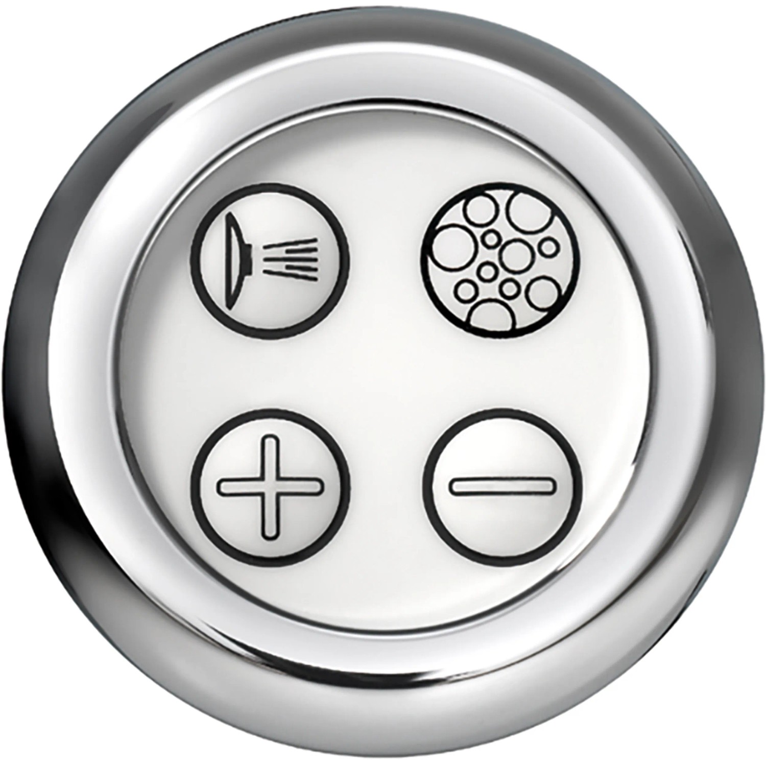Bedientaster für Ottofond Whirlpool Cascade Premium, Chrom-Umrandung, weiße Tasten mit Symbolen.