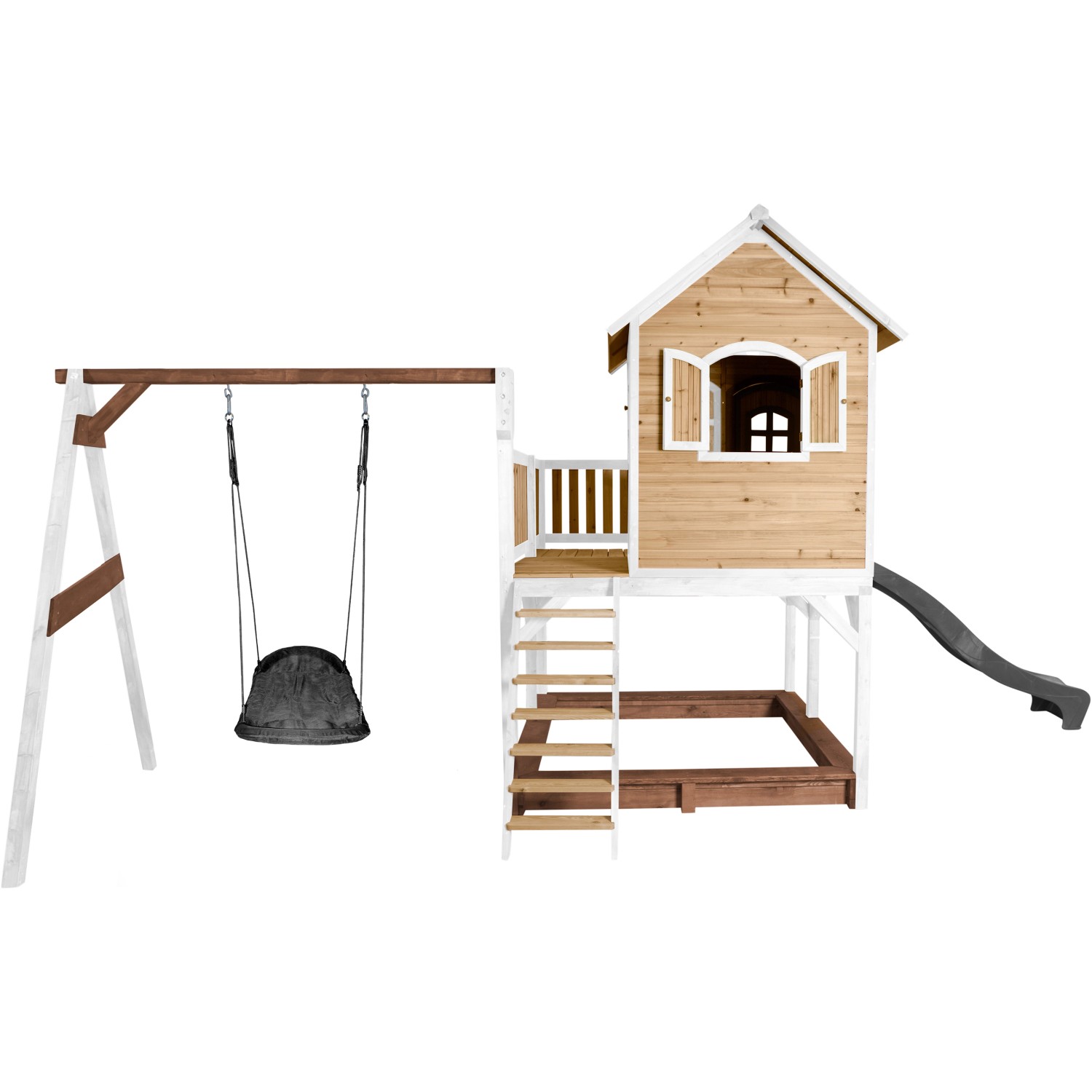 Axi Liam Spielhaus mit Nestschaukel und Rutsche, braun-weiß. Spielturm mit Sandkasten und Schaukel.