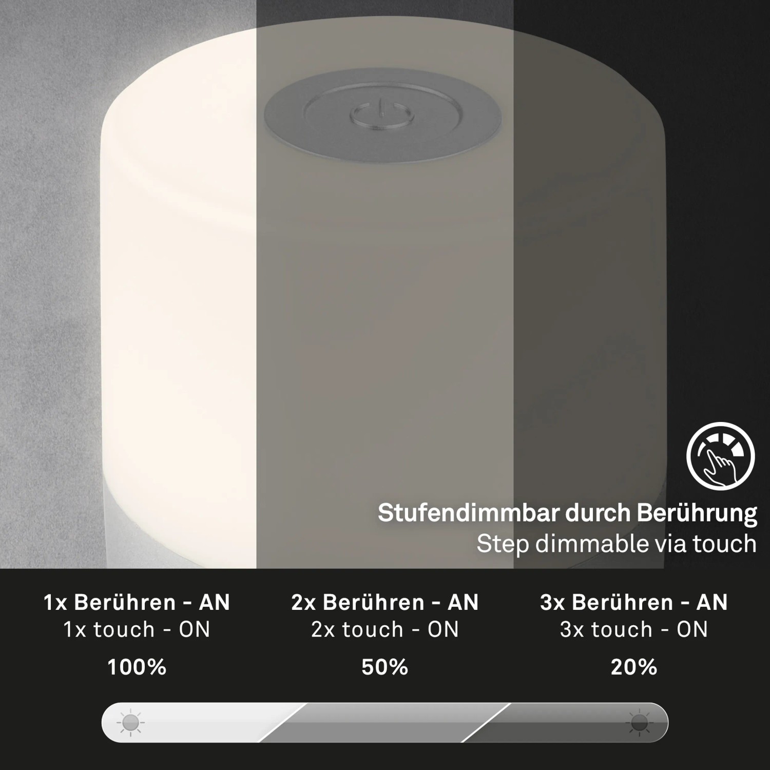 Brilo Akku-Tischleuchte Smal Chrom-Matt, dimmbar per Touch, verschiedene Helligkeitsstufen.