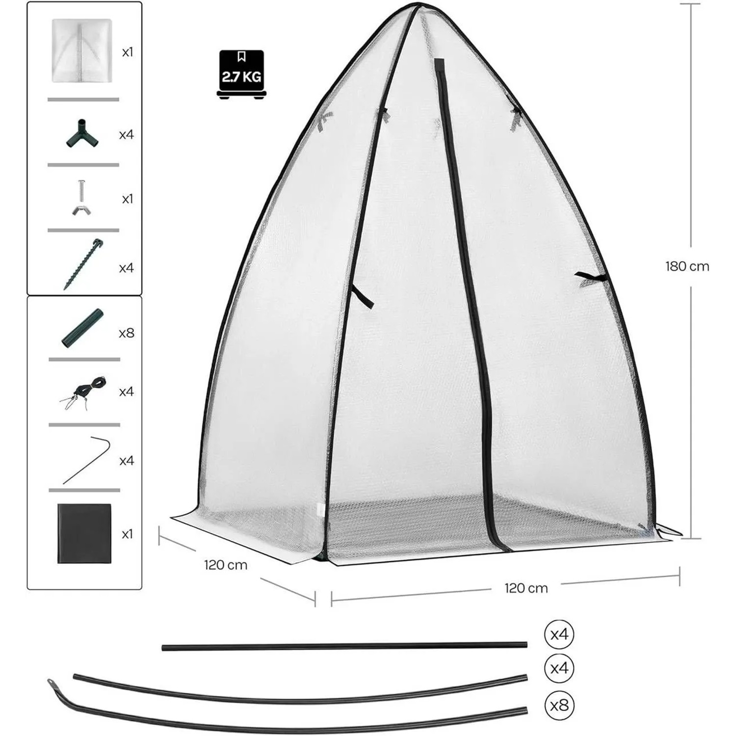 Transparentes WOLTU Foliengewächshaus 120x180 cm mit Spitzdach, schwarzer Bodenplane und Bauteilen.
