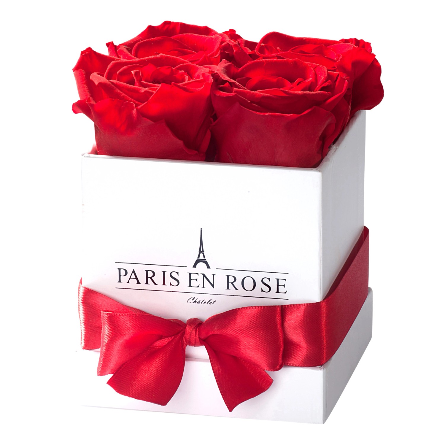 Rosenbox eckig Weiß mit Schleife und 4 Roten Rosen