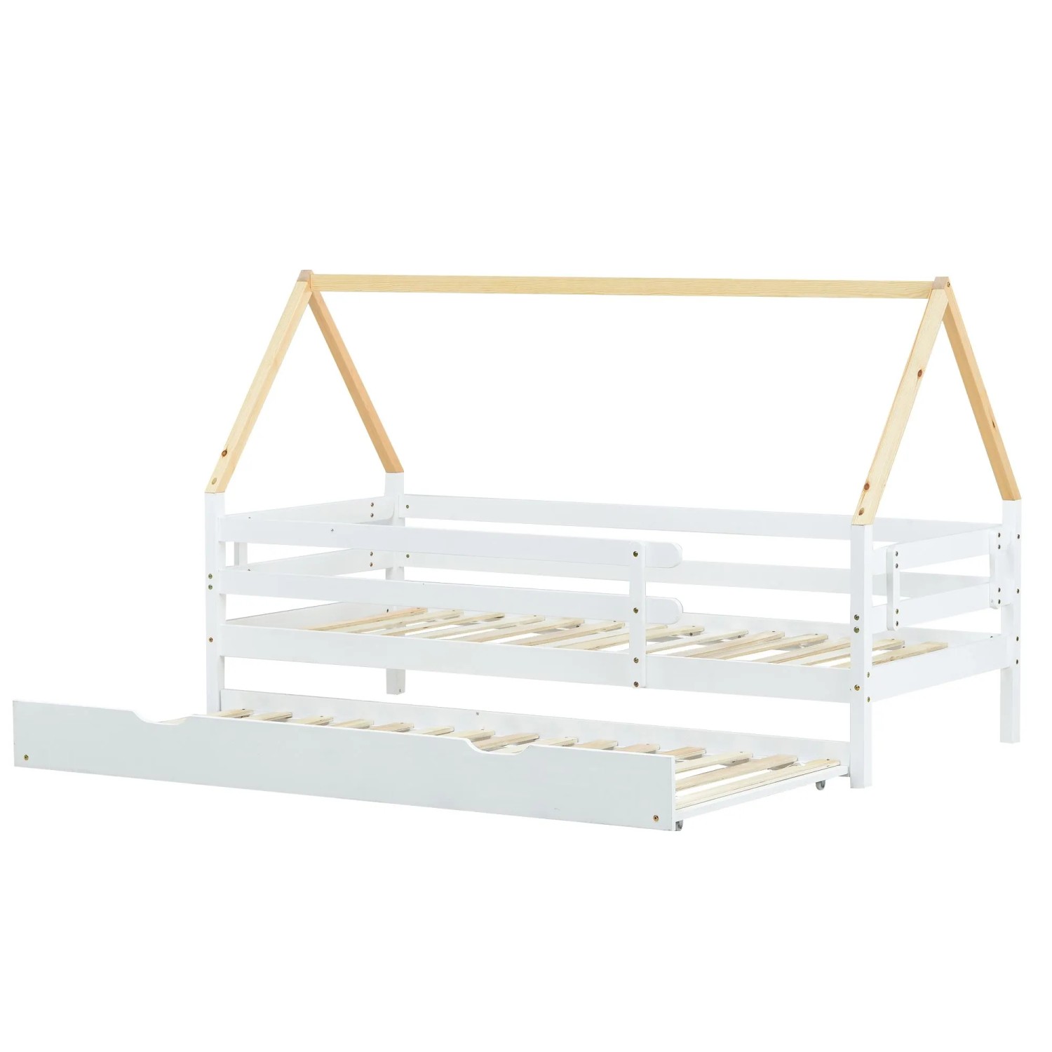 okwish Tagesbett 90x200cm mit Ausziehbett Dach und Rollen Weiß Natur ohne Matratze