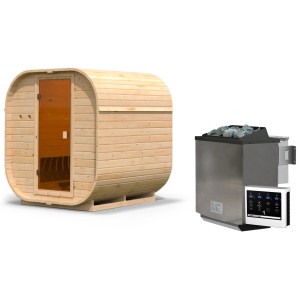 Karibu Fasssauna Quadro 1 mit Ofen, naturbelassen. Massivholzsauna mit Glastür und externem Saunaofen.