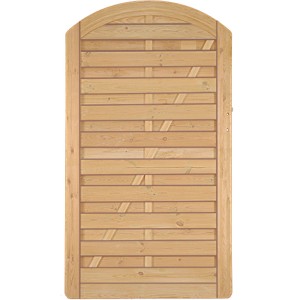 Grünes Holztor mit Bogen, Teil der T & J Avantgarde Sichtschutzzaun-Serie, 180x100 cm.