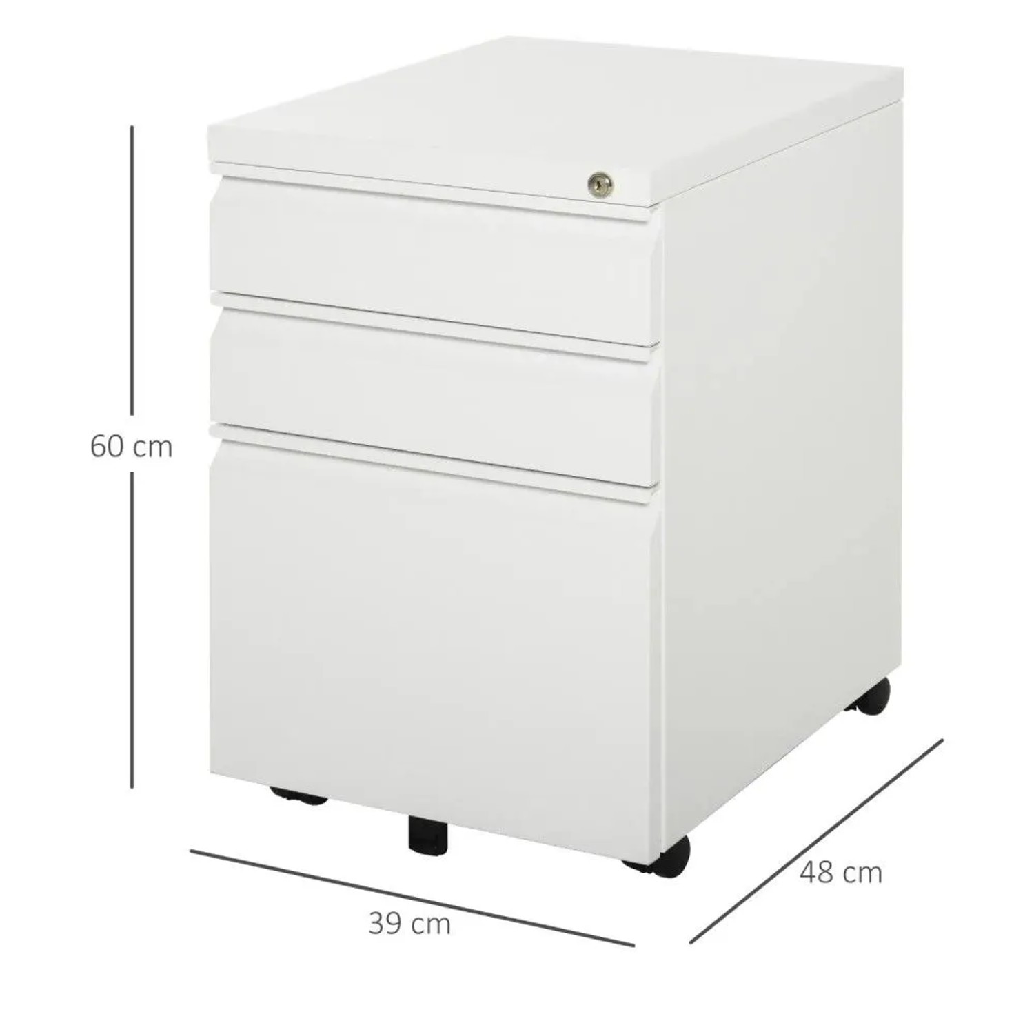 Weißer Vinsetto Rollcontainer aus Stahl mit 3 abschließbaren Schubladen und Rollen. Maße: 39x48x60 cm. Ideal für Büro.