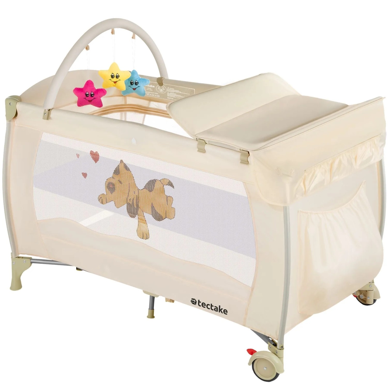 Tectake Kinder Reisebett Hund Klappbar und Höhenverstellbar Mit Großen Mesh Einsätzen  Wickelauflage und Seiteneingang  132 x 75 x 104 cm Beige