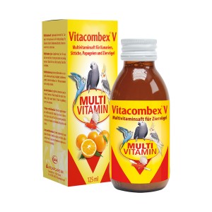 Quiko Vitacombex V Multivitaminsaft für Ziervögel, 125ml Flasche und Verpackung.