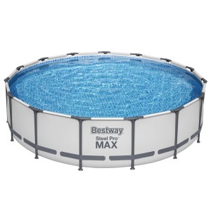Bestway Stahlrahmenpool Steel Pro Max, Ø 457x107 cm, rund, lichtgrau, gefüllt mit Wasser.