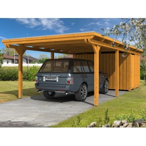 Heller Eiche Skan Holz Einzelcarport mit Auto. Leimholz Carport mit Flachdach und Geräteschuppen.