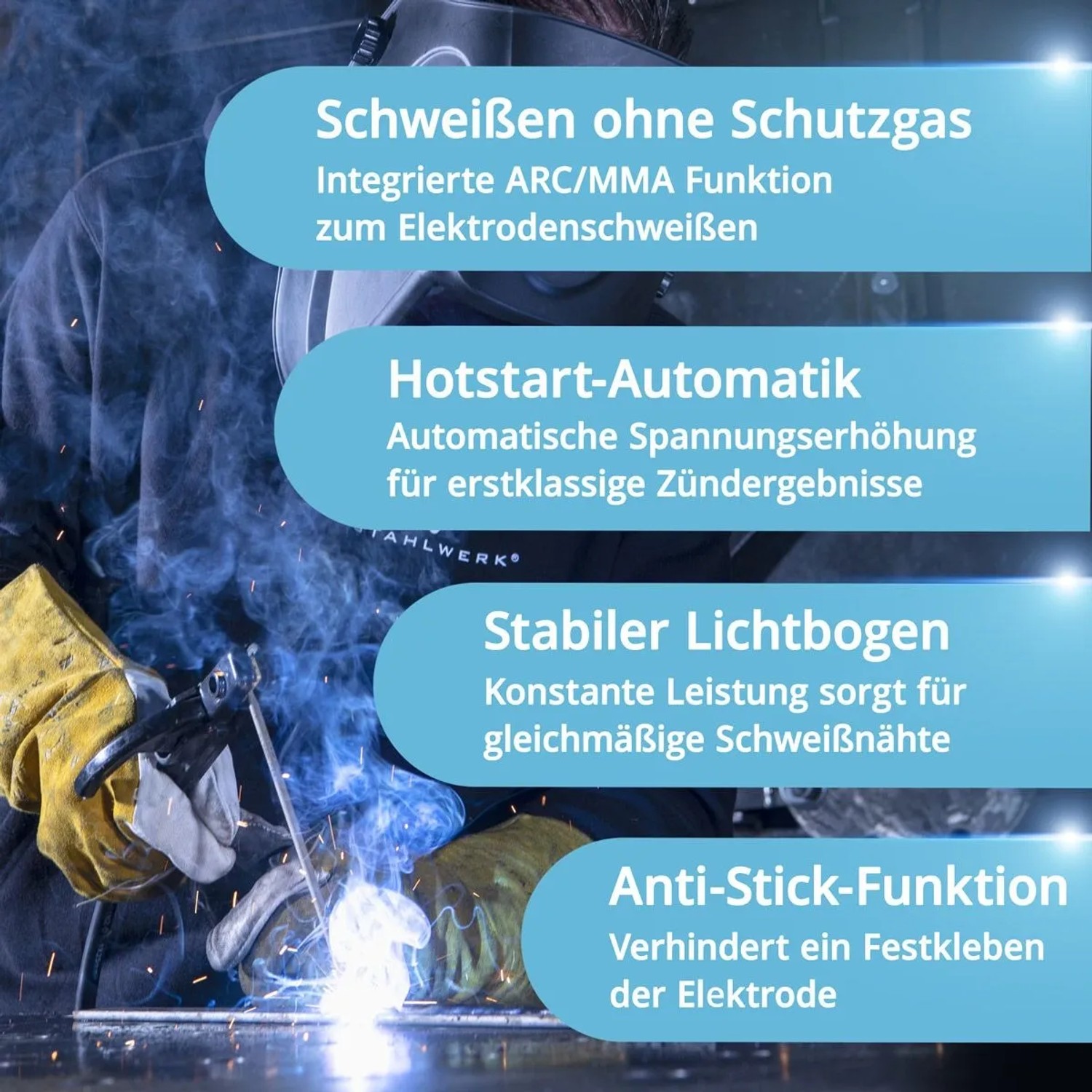 Schweißer in Aktion mit STAHLWERK MIG MAG-160 M Schweißgerät. Lichtbogen sichtbar.