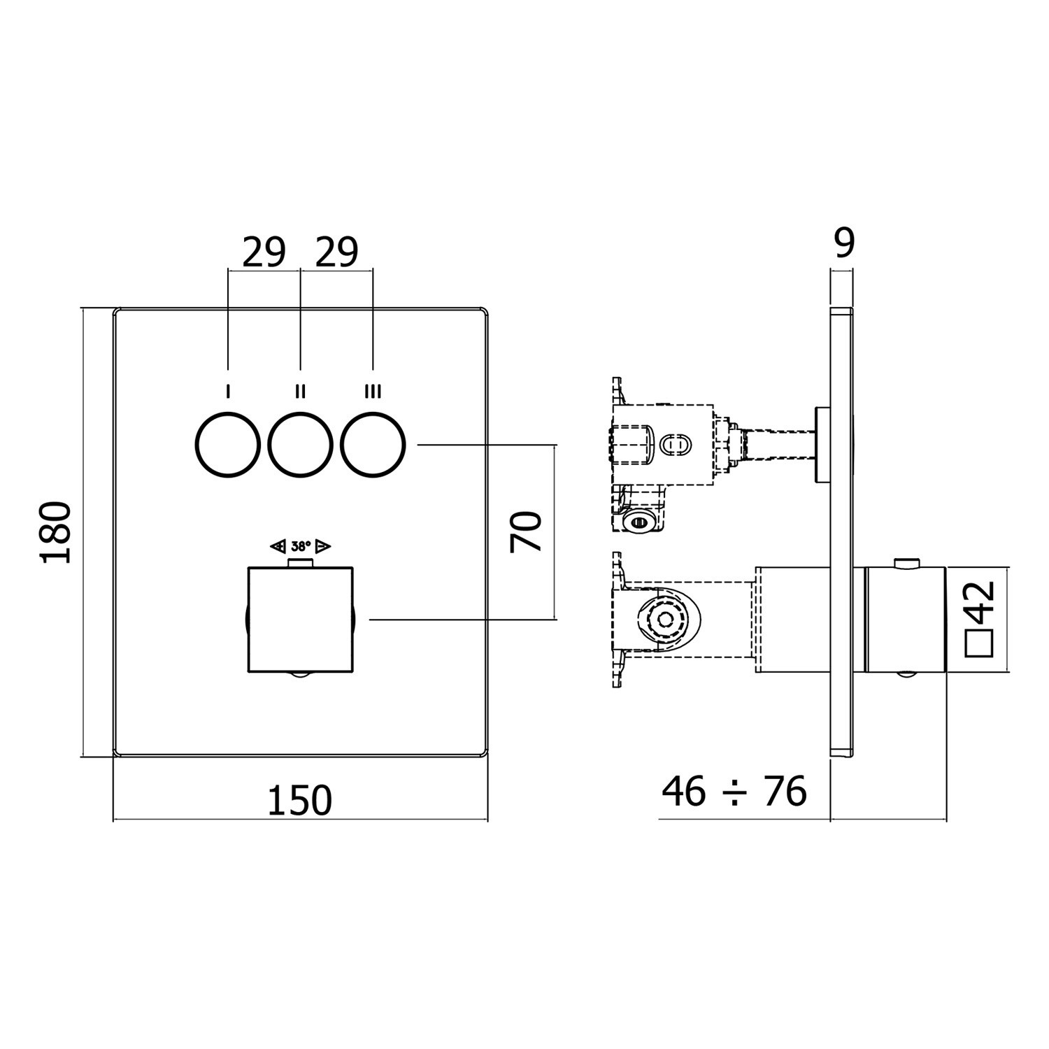 Technische Zeichnung: Kronenbach Unterputz Thermostat für 3 Verbraucher, eckig, Chrom, Smart Push.
