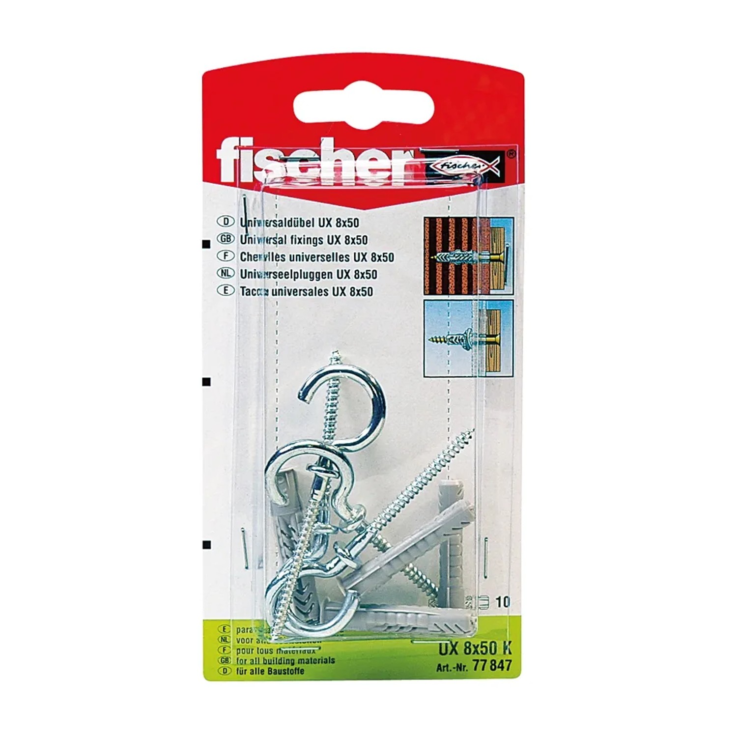 Fischer Universaldübel UX 8x50 mit Rundhaken, 4er Set, geeignet für verschiedene Baustoffe.