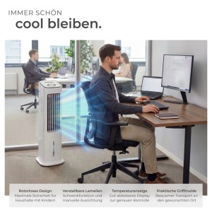 Weißer Tectake Luftkühler Alaska 4in1 im Büro mit Personen. Mobiles Klimagerät mit Luftbefeuchter und Ventilator.