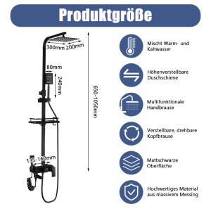 PXloue Thermostat Duschset 4 in 1, mattschwarz. Regendusche, Handbrause, höhenverstellbare Duschsäule. Maße und Funktionen.