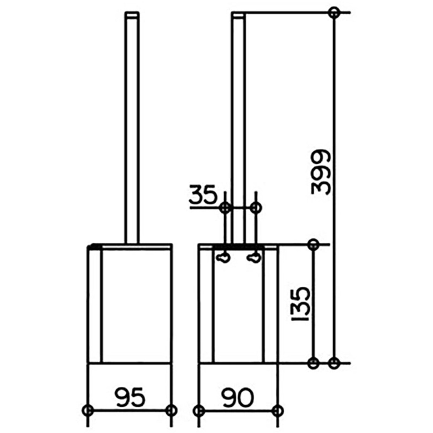 Technische Zeichnung Keuco WC-Bürstengarnitur Plan, Maße: Höhe 399 mm, Durchmesser 90/95 mm.