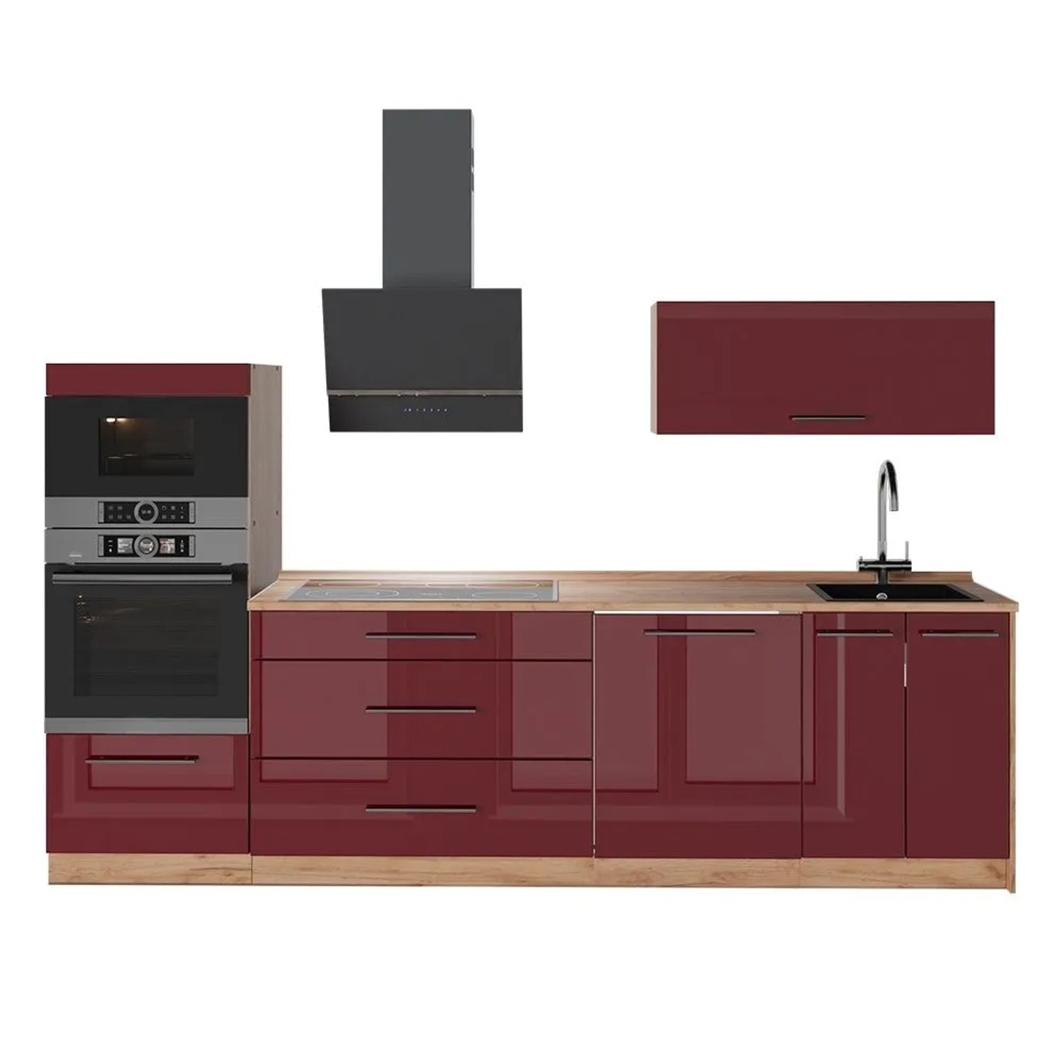 Vicco Küchenzeile Fame-Line Bordeaux Hochglanz/Goldkraft Eiche 280 x 154 ohne Arbeitsplatte Art Nr 64698