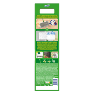 Grüne Verpackung Swiffer Bodenwischer Starterset. Zeigt Wischer, Trocken- & Feuchttücher und Reinigungsbeispiele für Hartböden.