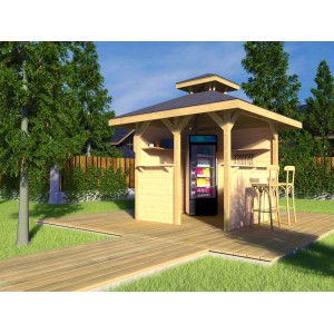 Weka Freizeitlaube Rimini Spar-Set 218x218 cm mit Tresen, Kühlschrank und Barhockern im Garten.