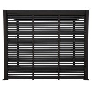 Louvre Wand, 123 cm breit, für 400 cm Terrassenüberdachung, mit festen, horizontalen Lamellen in Schwarz.