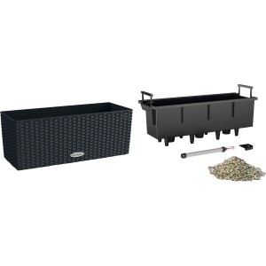 Lechuza Balconera Cottage 50, graphitschwarzer Blumenkasten mit Bewässerungssystem und Zubehör.