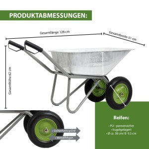 TRUTZHOLM Schubkarre Zweiradkarre mit PU-Rädern, Maße und Details im Bild.