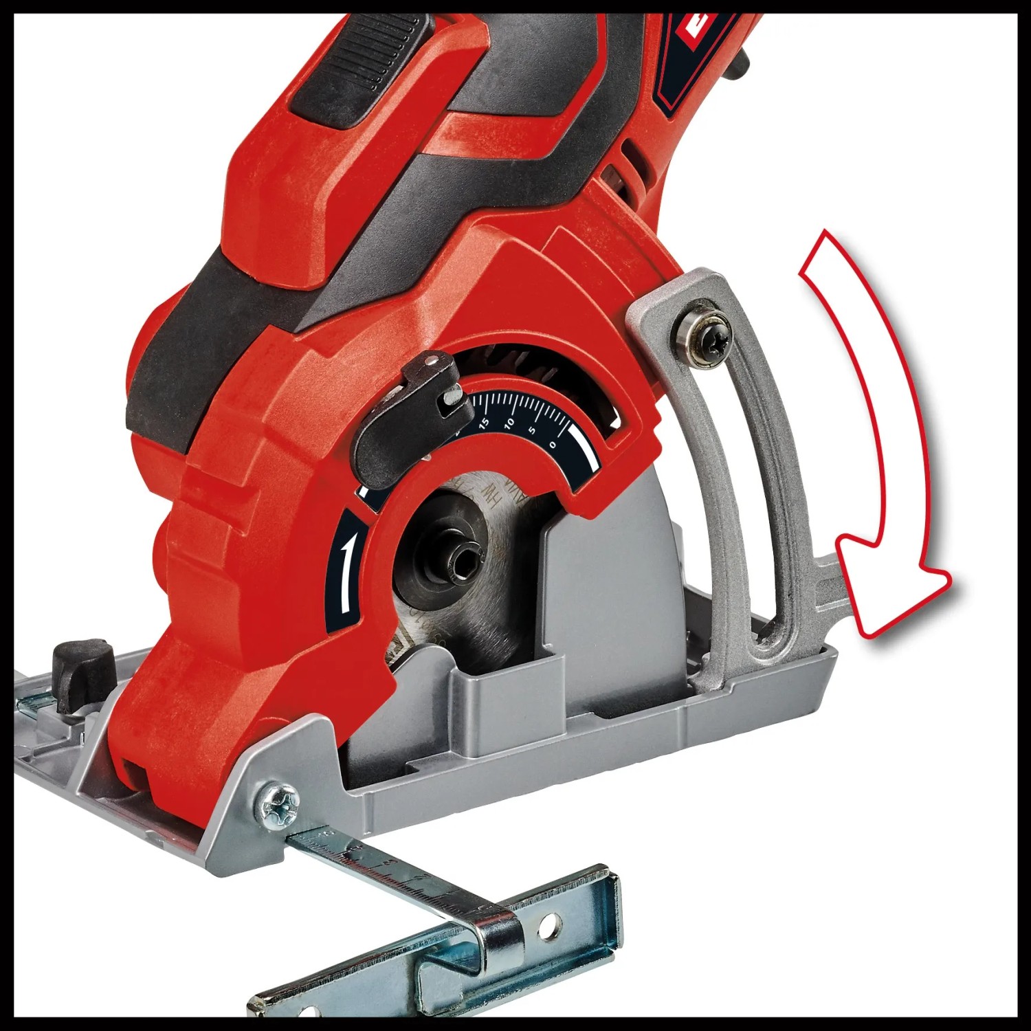 Einhell TC-CS 89 Mini-Handkreissäge in Rot/Grau mit Parallelanschlag und Schnitttiefeneinstellung.