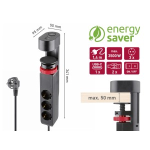 Schwarze 3-fach Steckdosenleiste mit USB-A und USB-C Anschlüssen und Tischbefestigung.