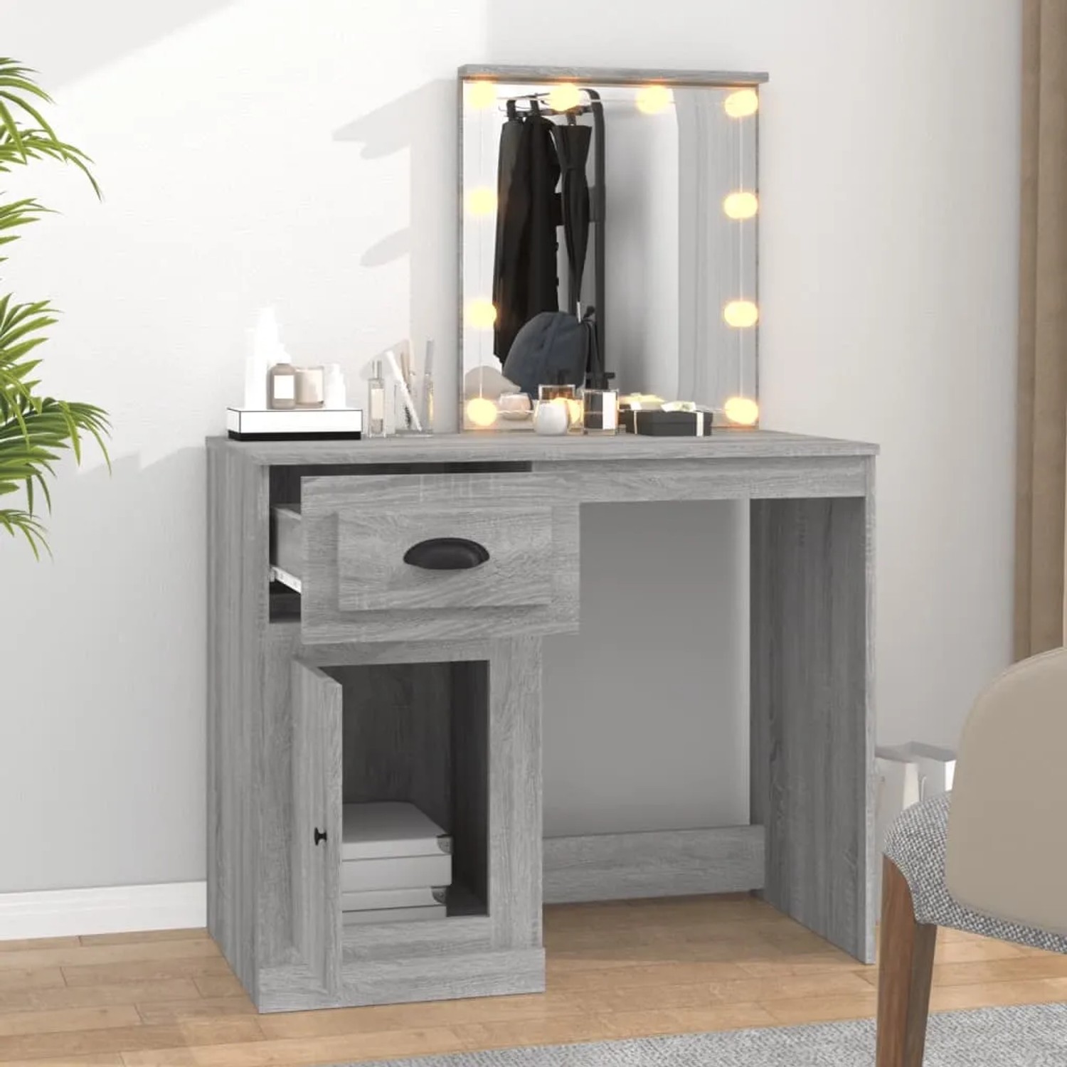 vidaXL Schminktisch mit LED, Grau Sonoma, 90x50x132,5 cm, Holzwerkstoff. Mit Spiegel, Schublade und Stauraum.