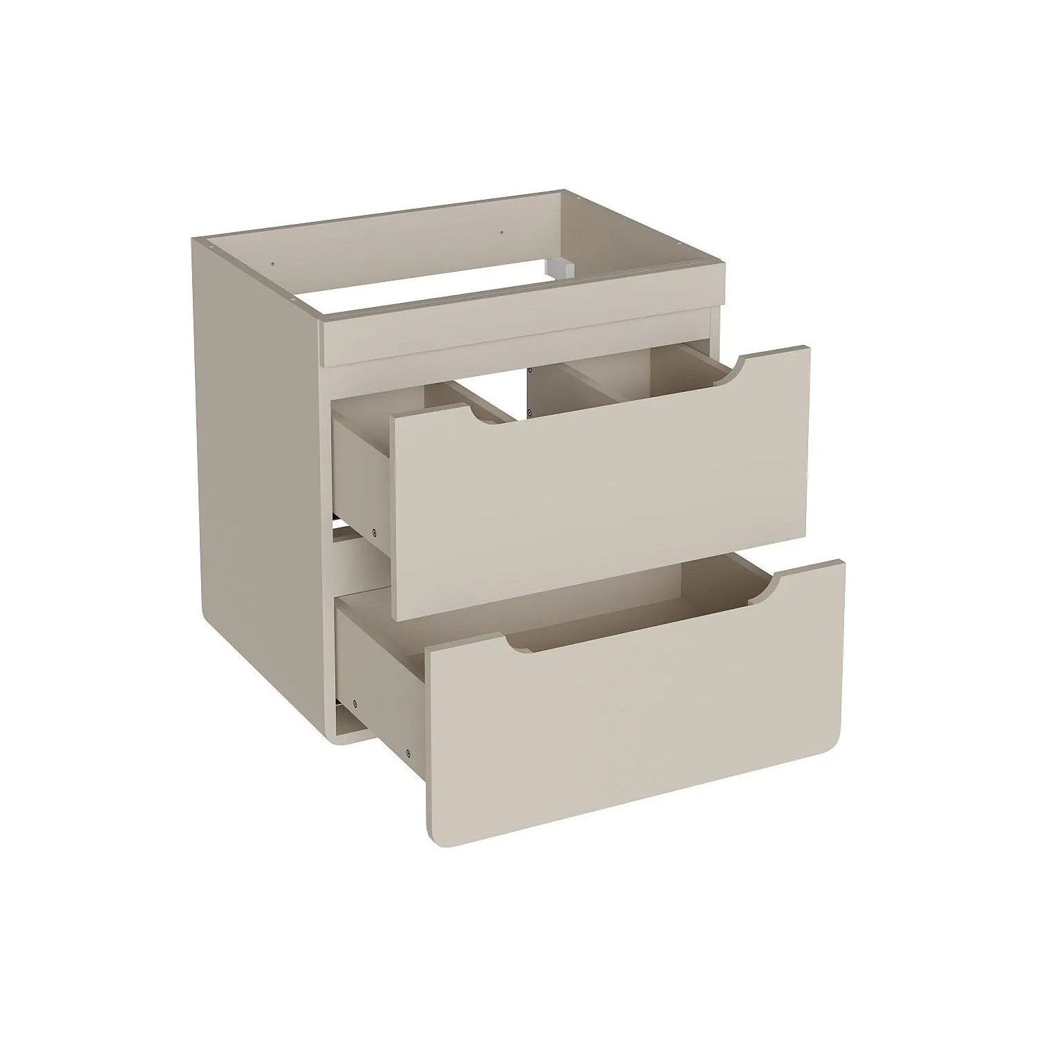 Beiger Vente-unique Waschbeckenunterschrank Aruba, 60 cm breit, mit 2 geöffneten Soft-Close-Schubladen, hängend.