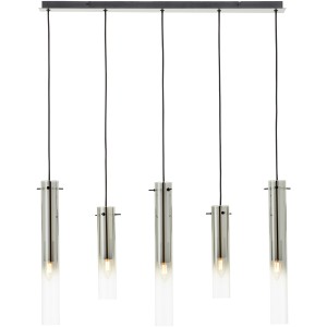 Moderne 5-flammige Pendelleuchte Glasini von Brilliant in Schwarz Matt mit Rauchglas-Zylindern.